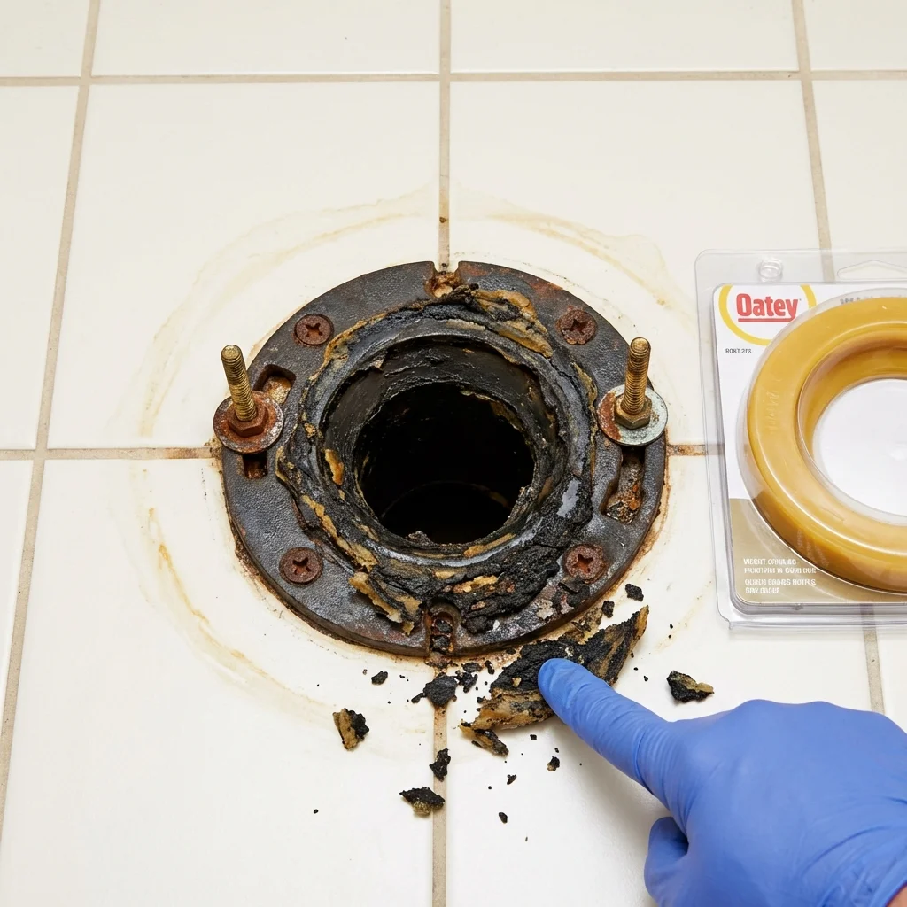 Failed wax ring showing water seepage at the base of a toilet in a Dover, OH home