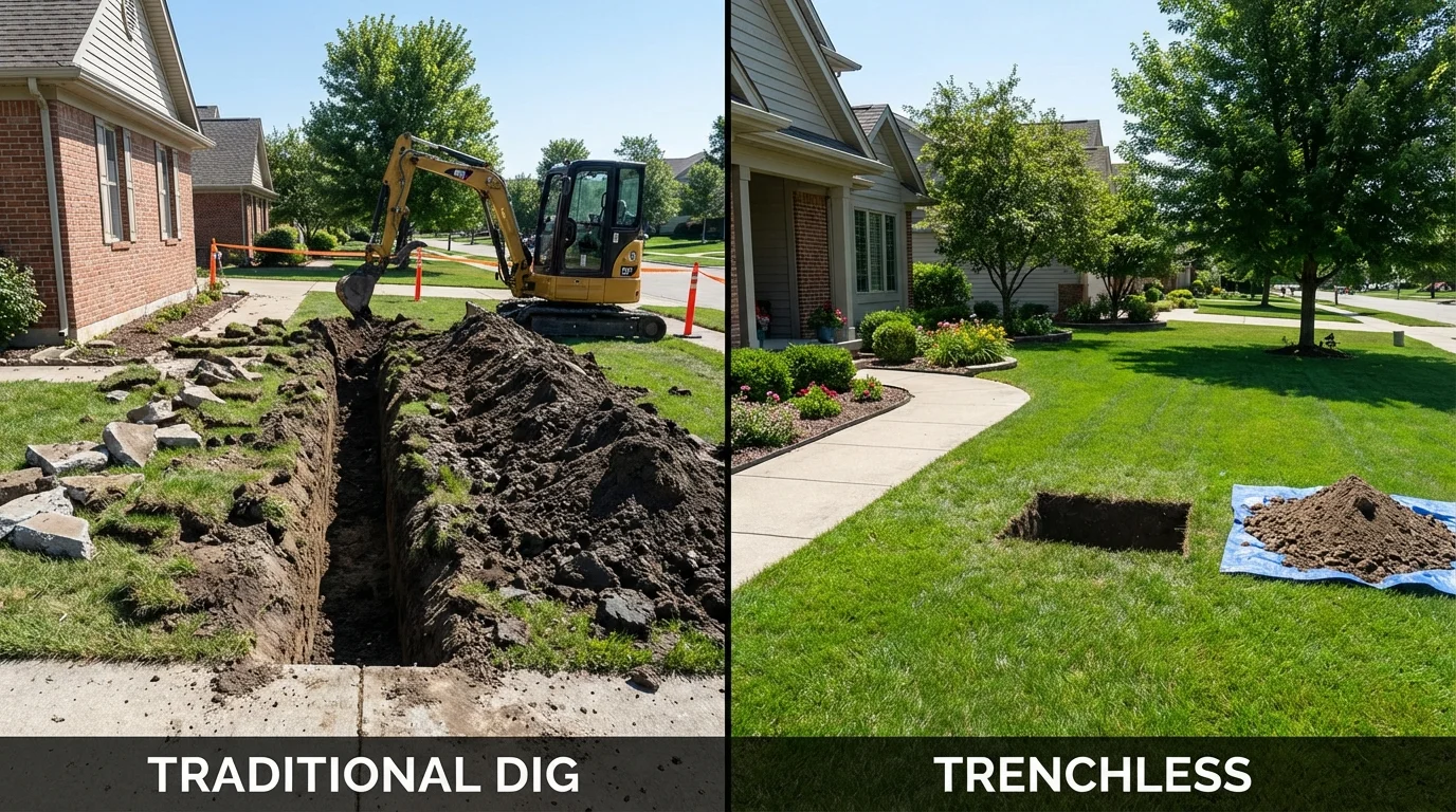 Trenchless sewer repair with minimal yard damage versus traditional excavation in Dover, OH