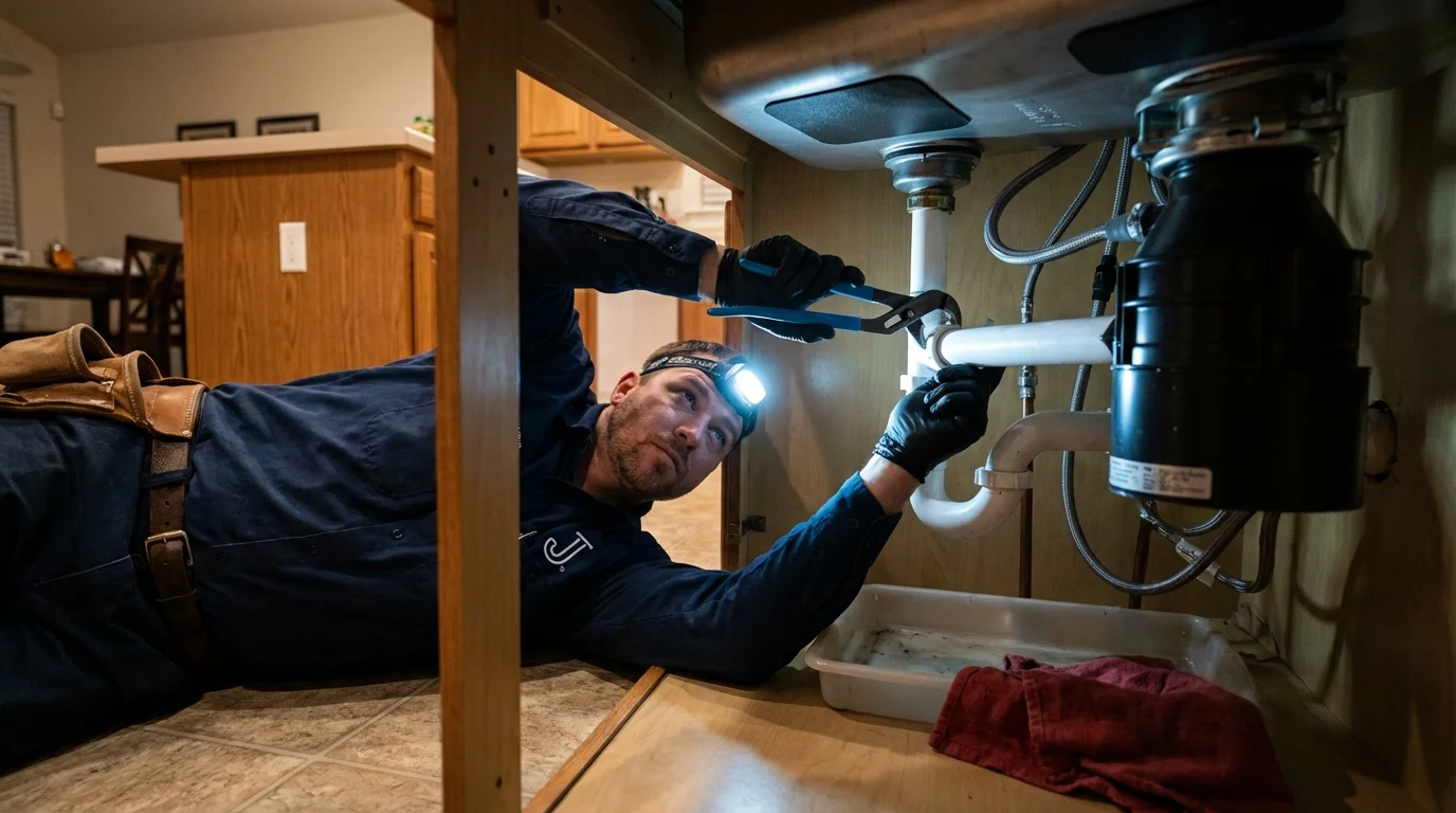 P-trap and supply line connections under a kitchen sink showing a common leak point in Dover, OH